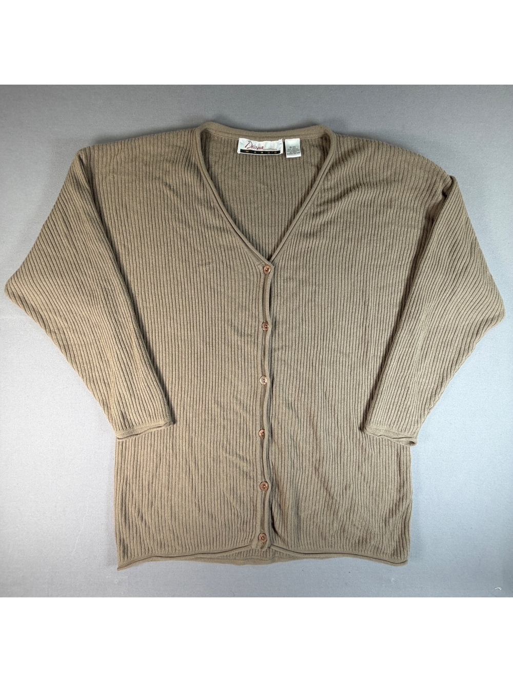 VTG Diana Marco Cardigan Sweater Womens Tan Beige Ribbed Knit Button Up Longline